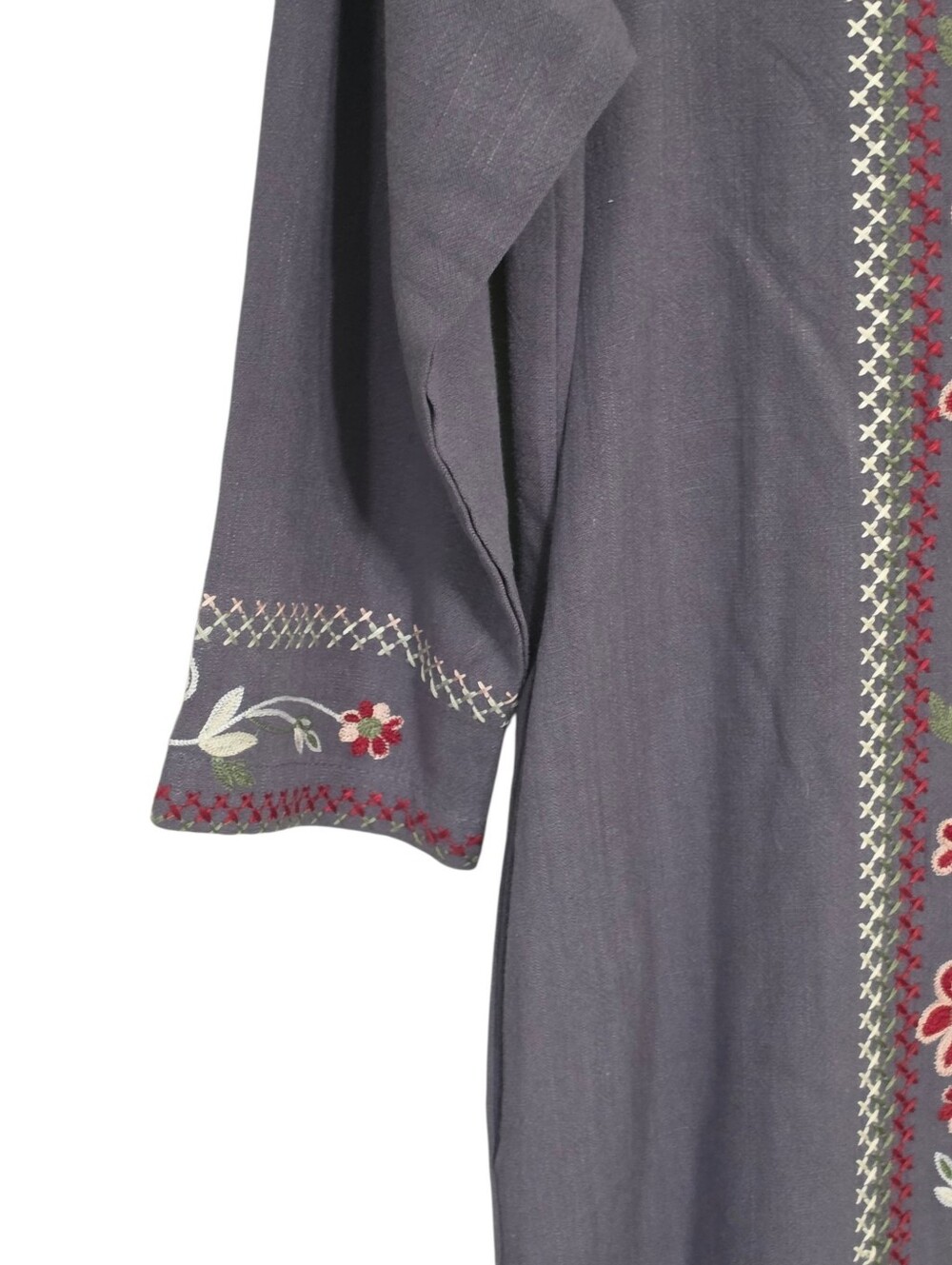 Hidden Alley Gray Linen Floral Embroidered Midi Dress S Lagenlook Indie Earthy - Picture 3 of 5